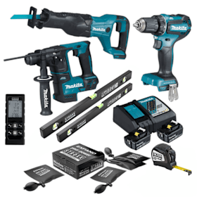 Makita Akku-Montage-Set 18V – Bohrschrauber, Bohrhammer, Reciprosäge + STROXX Zubehör