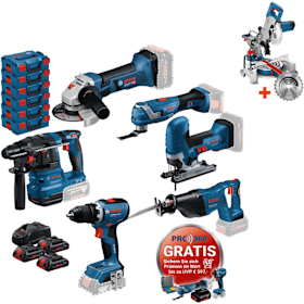 Bosch Professional 18V Akku-Set MEGA mit 6 Maschinen, 3 ProCORE Akkus und GCM 80 SJ Paneelsäge