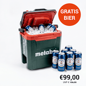WM-Teamkühler-Set mit METABO Akku-Kühlbox KB 18 BL inkl. 11 Dosen Flensburger Bier 0,5L