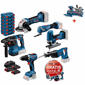 Bosch Professional 18V Akku-Set MEGA mit 6 Maschinen, 3 ProCORE Akkus und GCM305-216S Kapp- und Gehrungssäge