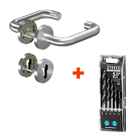 OGRO Set: Drückergarnitur CORE+ 8100 FH Edelstahl 9 mm Stift, TS 38-63 mm, Profilzylinder + STROXX Holzbohrer-Set