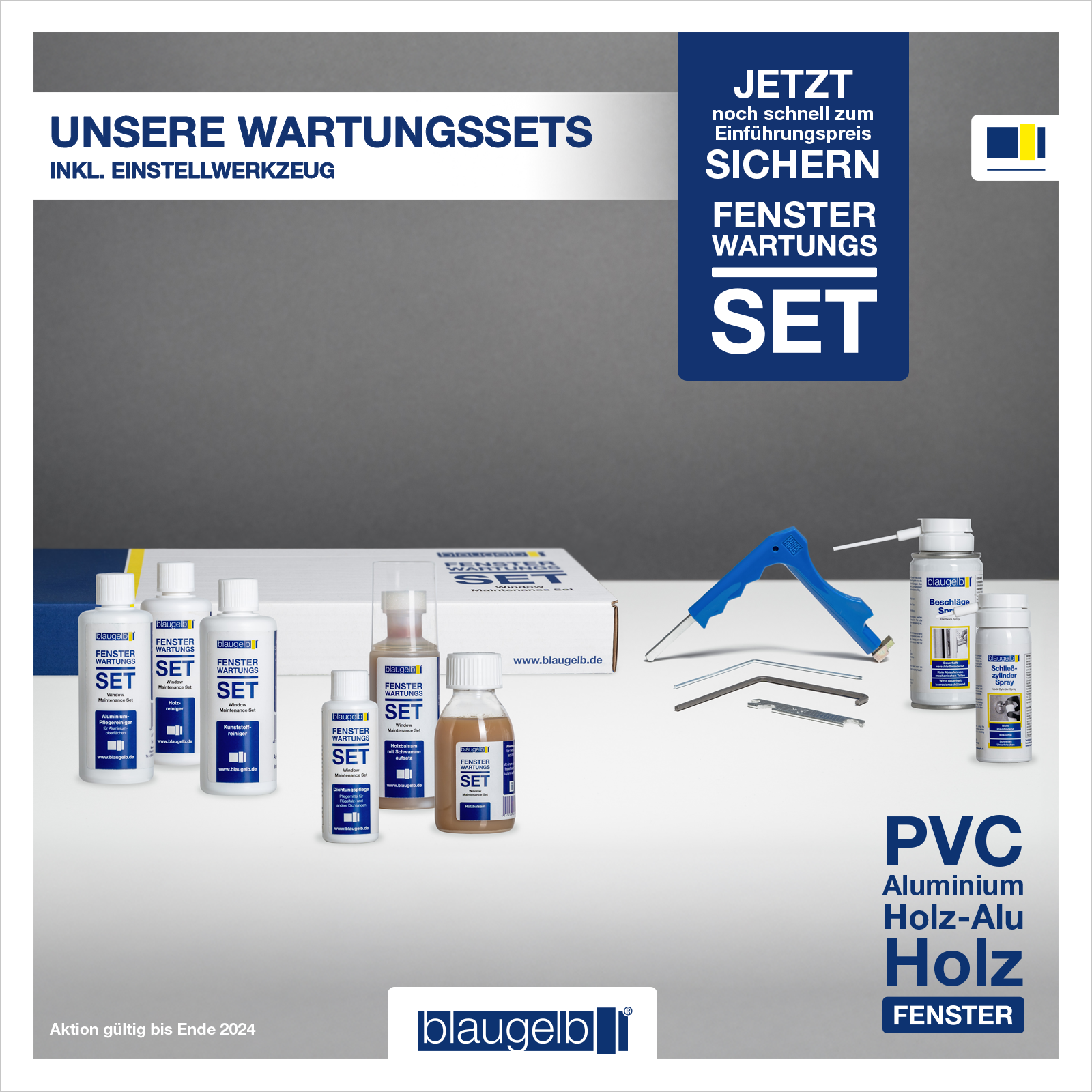 Meesenburg blaueblb Fensterwartungsset Abbildung zeigt das blaugelb Fensterwartungsset Winkhaus für Holzfenster